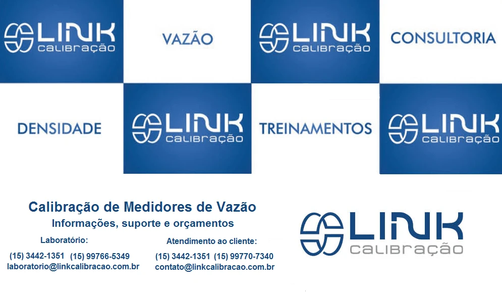 Cartão institucional da Link Calibração com as áreas de vazão, densidade, treinamentos e consultoria